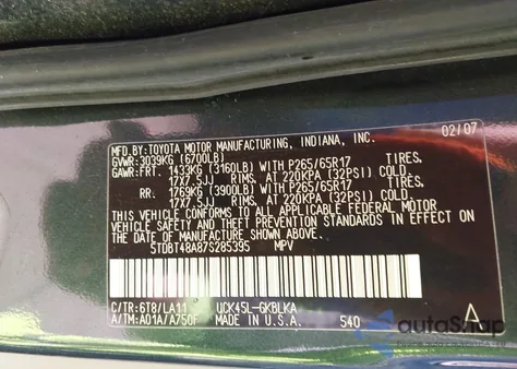 2007 Toyota Sequoia Limited V8 z USA, uszkodzony, nr VIN 5TDBT48A87S285395